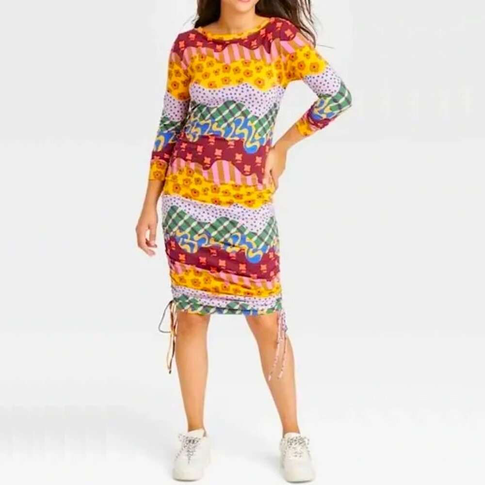 STRETCHY KNITWEAR MULTICOLOR RETRO FLORAL RUCHED SIDES DRESS LATIN DESIGN SIZE S